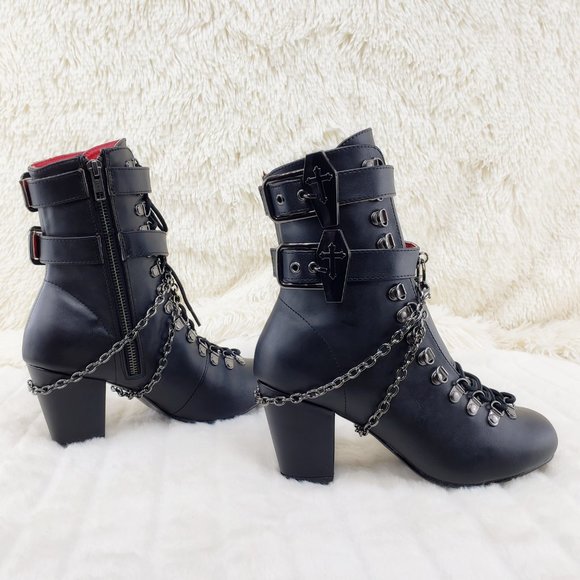 Vivika Goth Granny Ankle Boots Coffin Straps & Chain - Picture 6 of 16